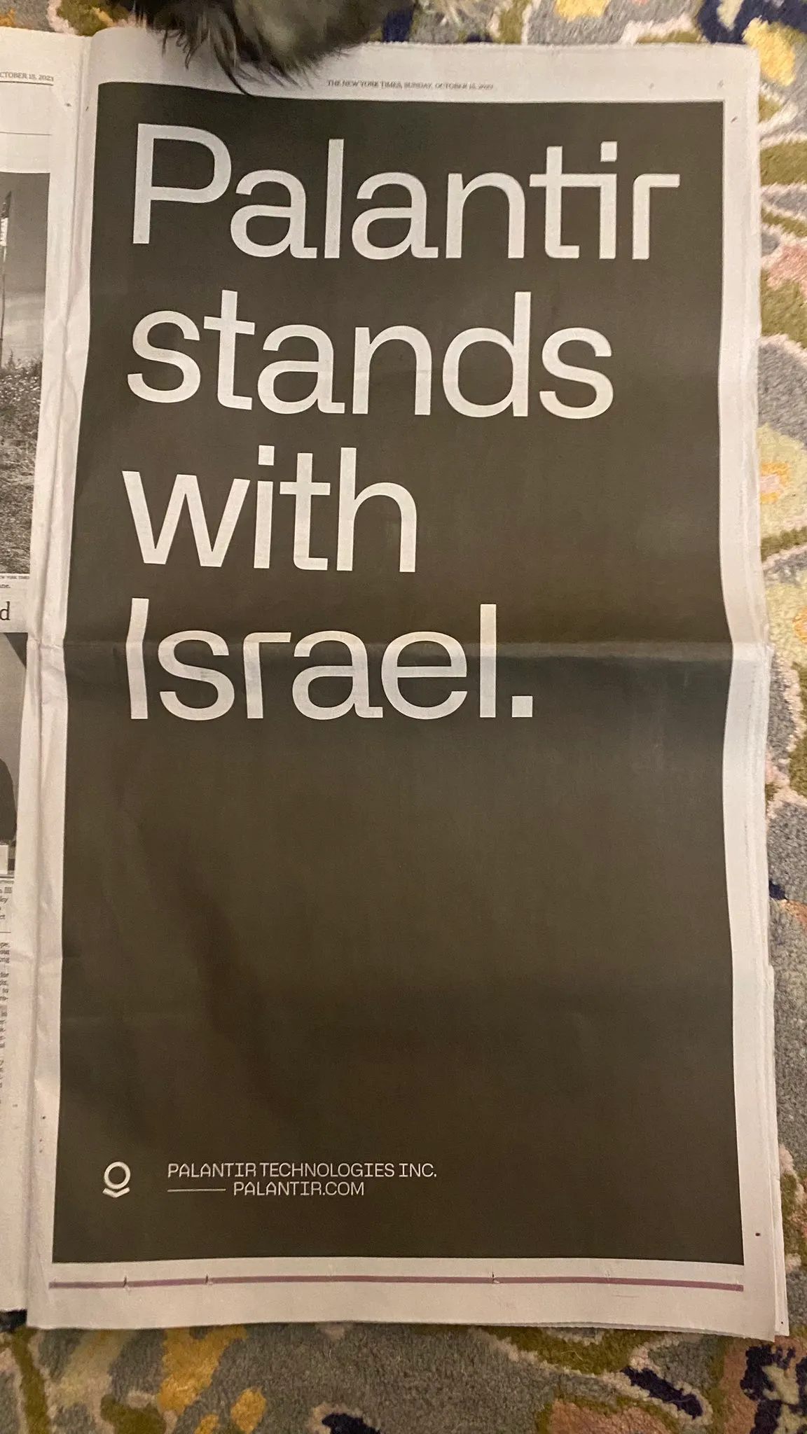 Full page newspaper Palantir ad, saying "Palantir stands with Israel."